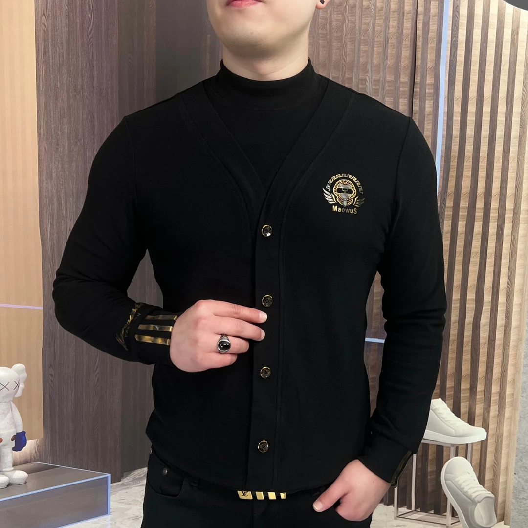 秋冬加厚磨毛假两件T恤男士春秋长袖时尚修身秋冬黑色潮流休闲