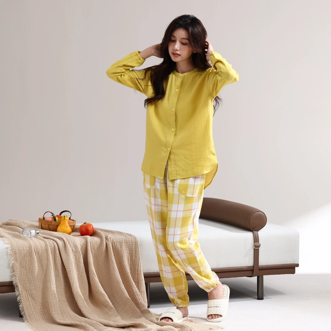 【80支】爆款2024新款长袖家居服双层纱A类纯棉家居服