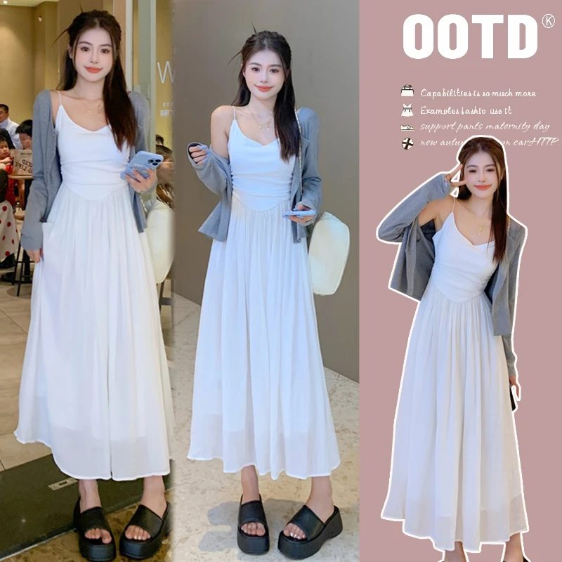 孕妇装秋装新款气质白色吊带连衣裙+针织外套休闲孕妇