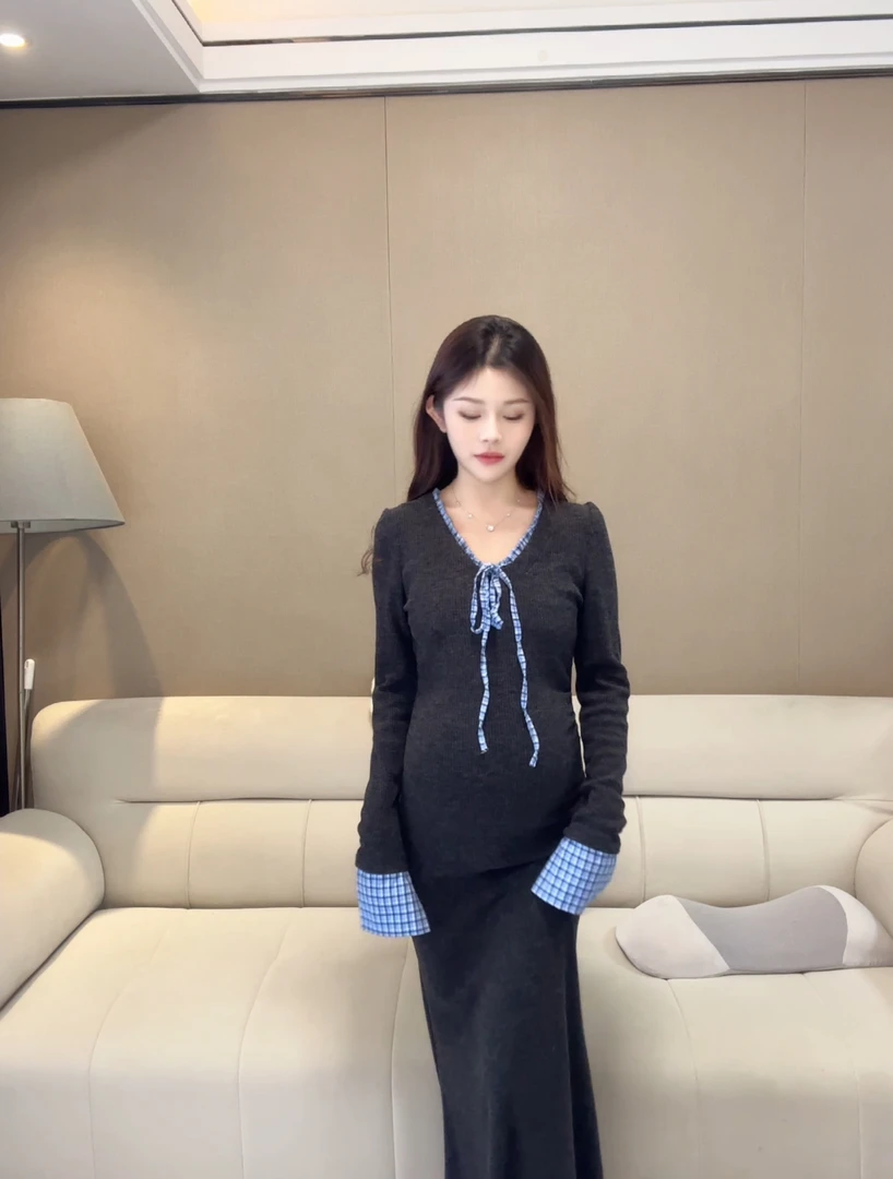 秋冬装加厚针织格子拼接系带法式修身弹力长款连衣裙