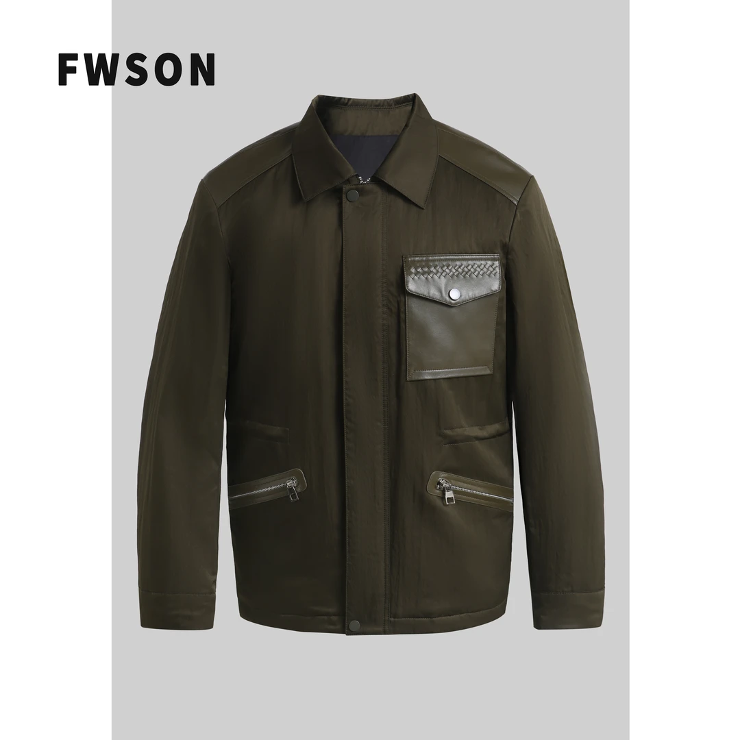 鹅绒服男士编织皮休闲金典猎装翻领加厚保暖羽绒服外套男士1033