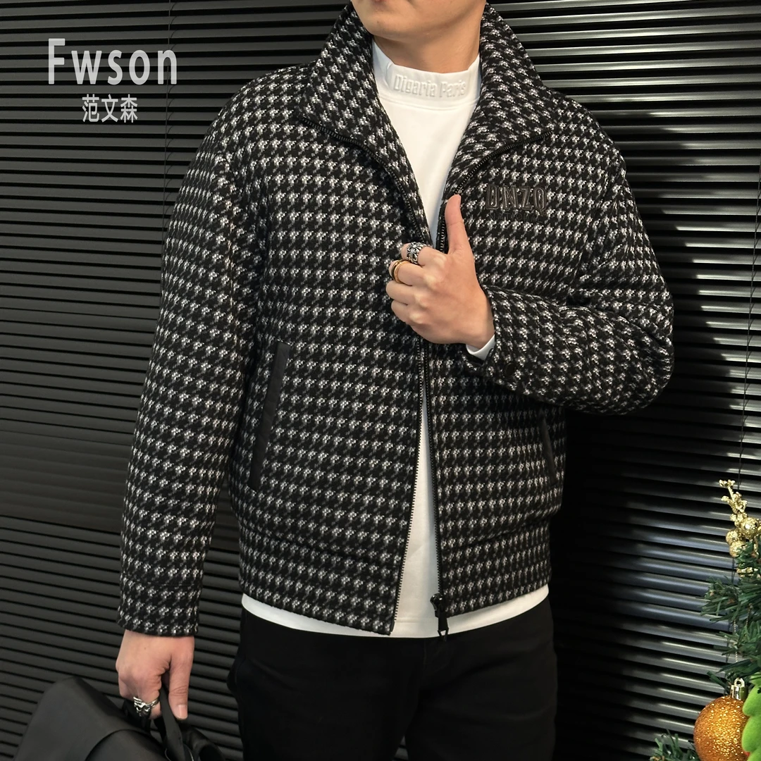 鹅绒服男士欧货时尚休闲百搭千鸟格羽绒夹克冬季外套秋冬男款外穿