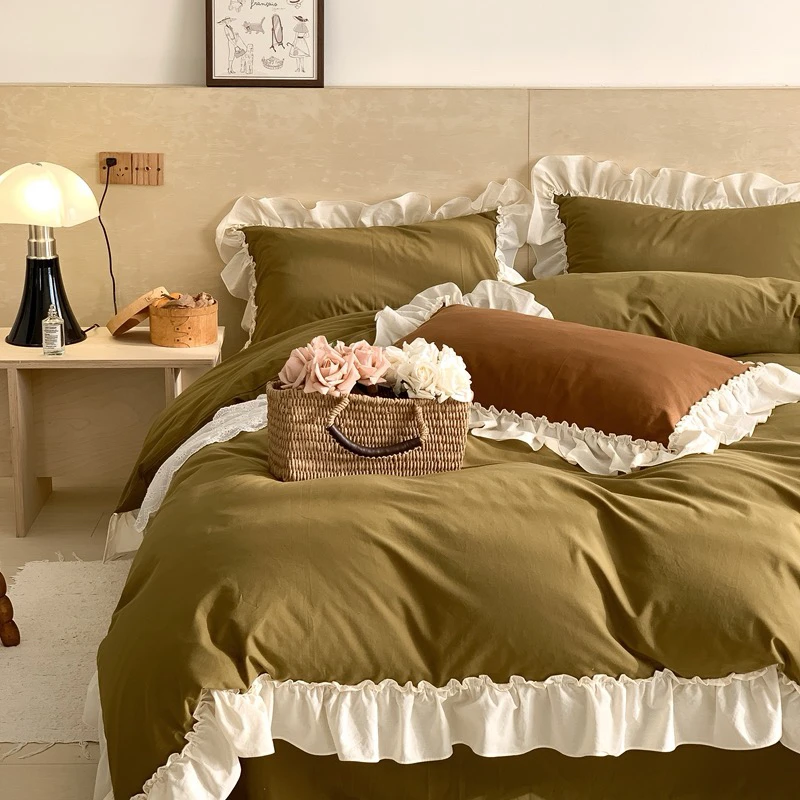 新款轻奢法式复古风全棉水洗棉四件套复古-咸菜绿