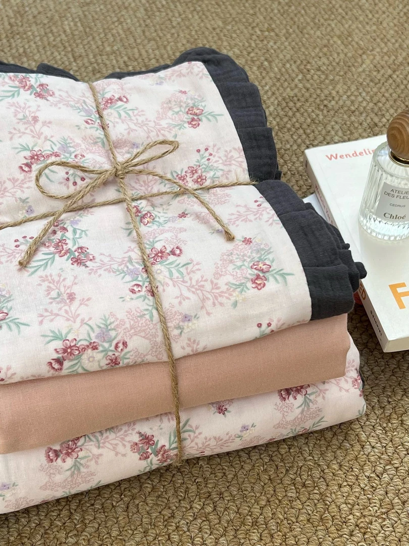 新款全棉印花双层纱四件套皱皱纱花边款