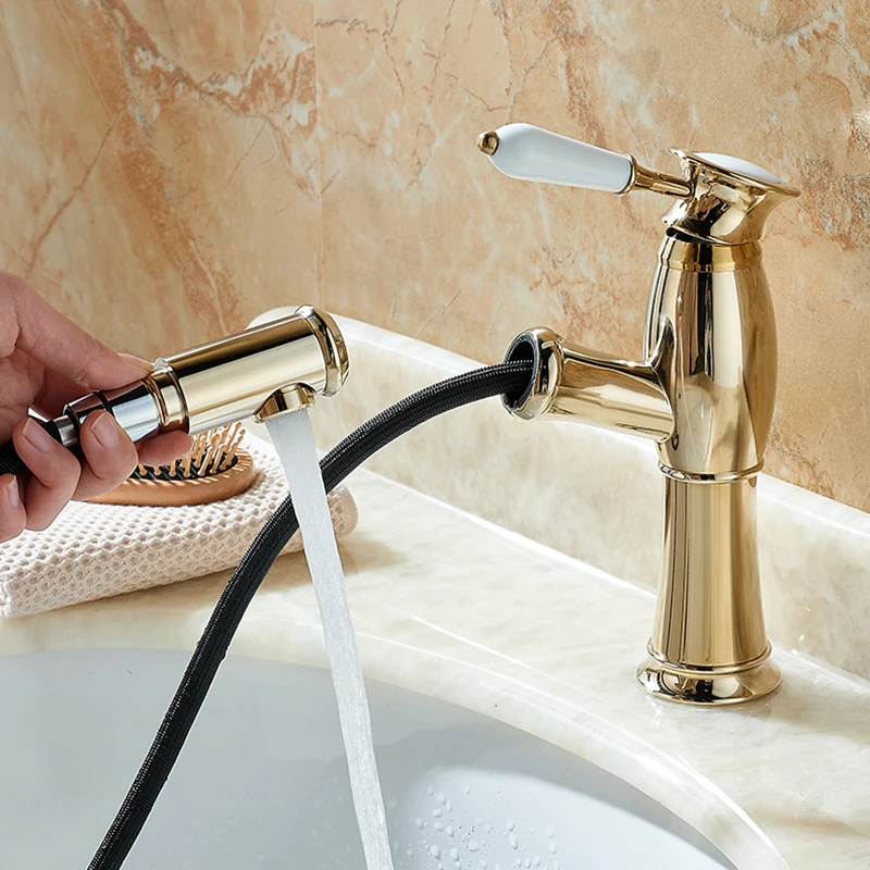 欧式全铜金色冷热水龙头抽拉式洗头伸缩龙头面盆洗脸盆卫生间镶钻