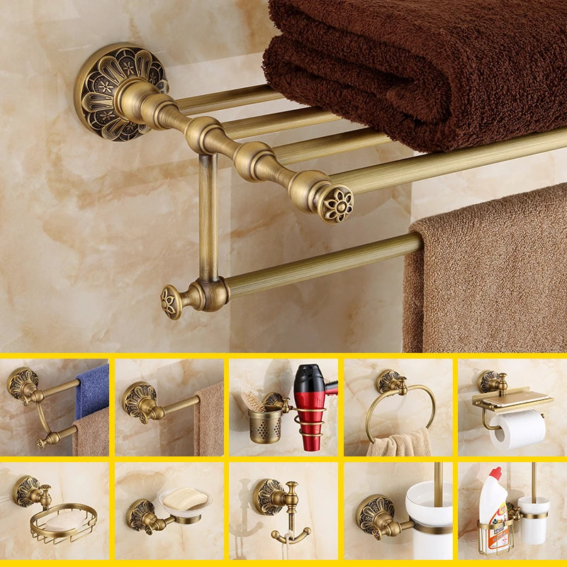 仿古免打孔全铜浴巾架毛巾架黄铜欧式浴室加厚壁挂卫浴五金挂件