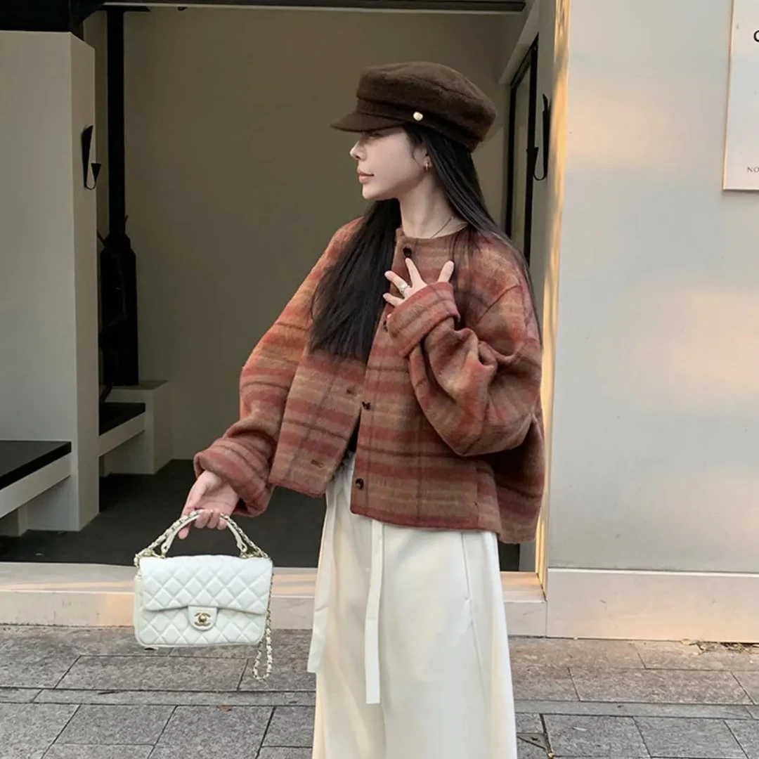 【商场同款】8808G格子双面绒大衣女小个子茧型羊毛短款显瘦外套