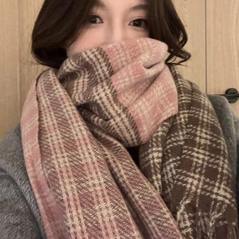 细格拼色流苏围巾百搭保暖亲肤通勤必备韩系加厚加大男女情侣同款