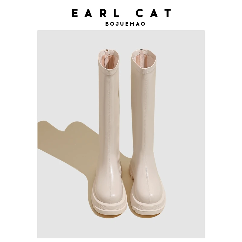 伯爵猫女神节礼物白色长筒靴子不过膝厚底增高骑士靴高筒靴
