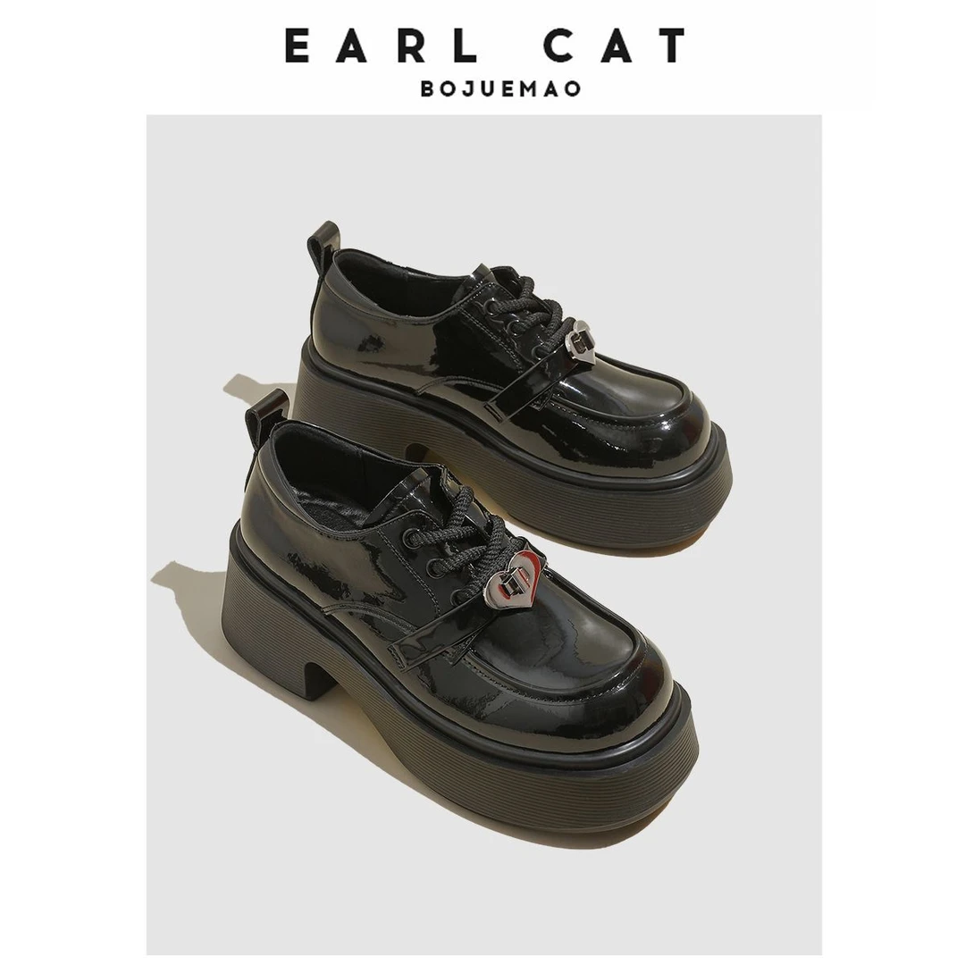（清仓）伯爵猫厚底小皮鞋女2024春秋款英伦风增高单鞋黑粗跟乐福鞋