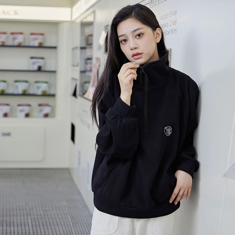 美式休闲半拉链翻领卫衣女宽松慵懒风设计感上衣 FYZ YQ00072