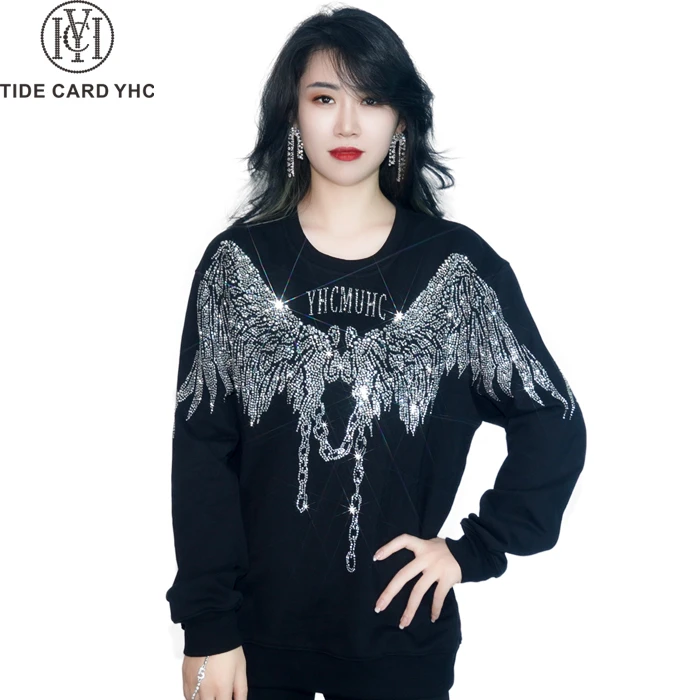TIDE CARD YHC轻奢潮牌热销爆款天使翅膀烫钻男女同款卫衣圆领A