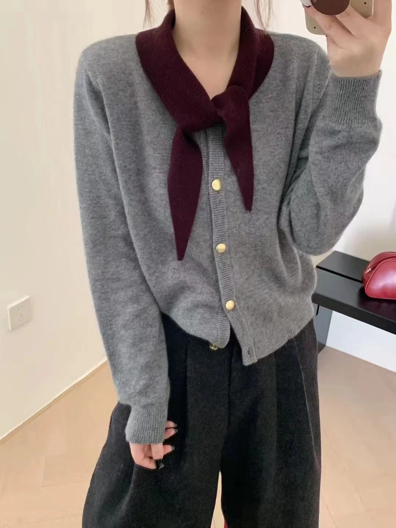 欧货撞色翻领单排扣羊毛绒针织设计感可绑蝴蝶结开衫毛衣外套女