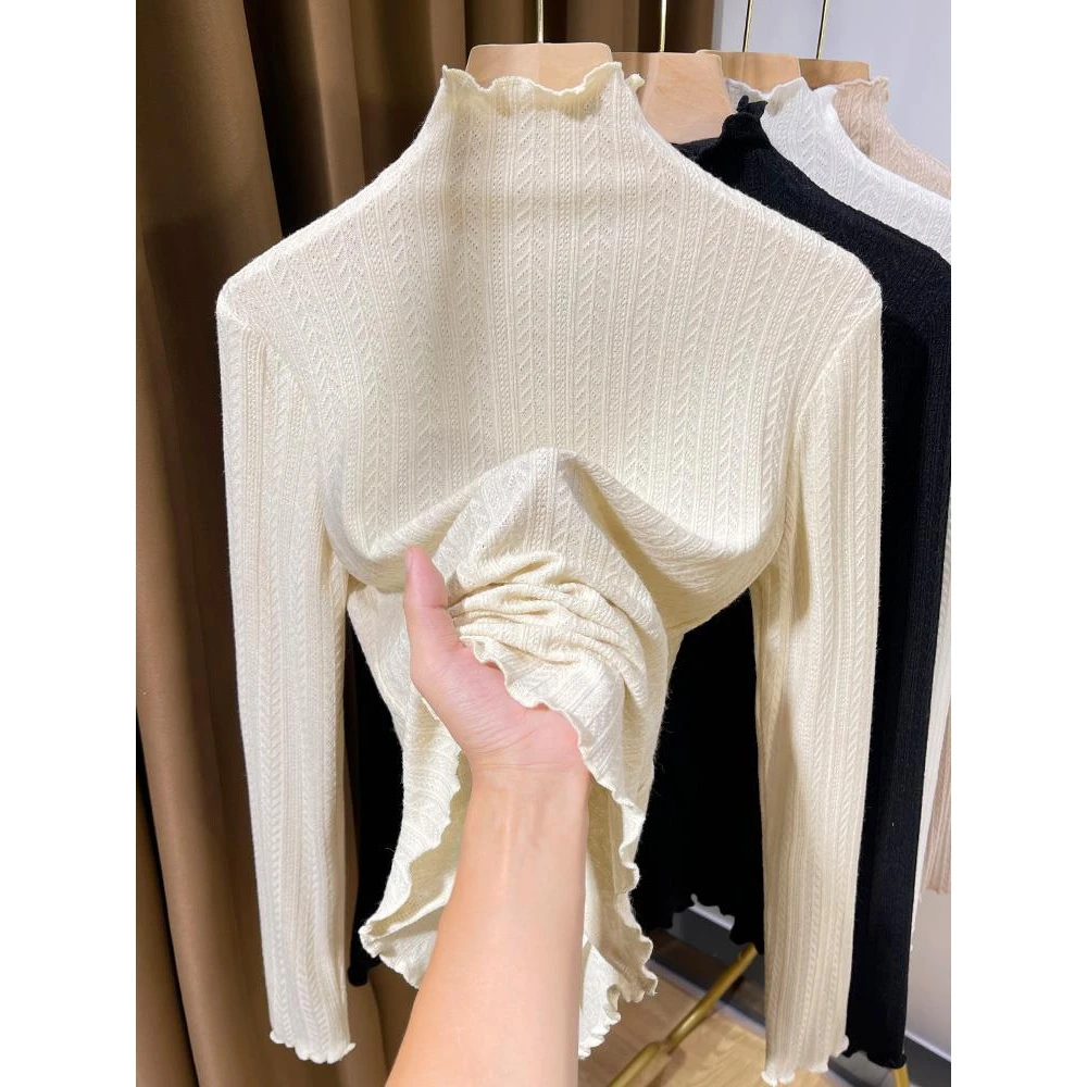 高级感木耳边打底衫女2025新款秋冬内搭白色半高领针织衫冬季上衣