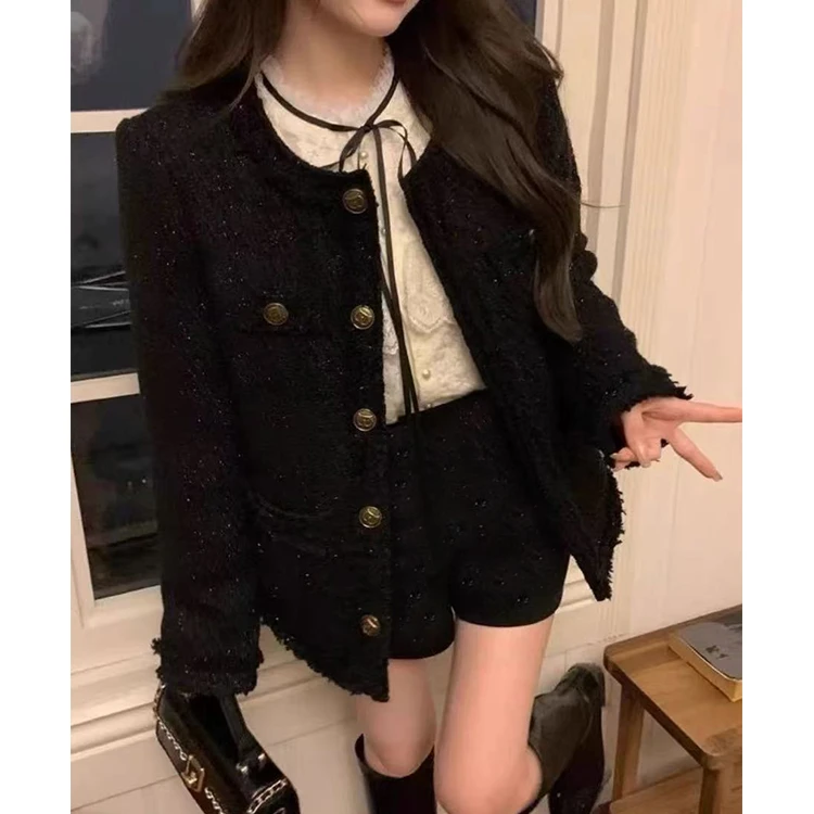 【艾薇】 大码女装2024冬季新款高级感小香风时尚外套+短裤两件套装