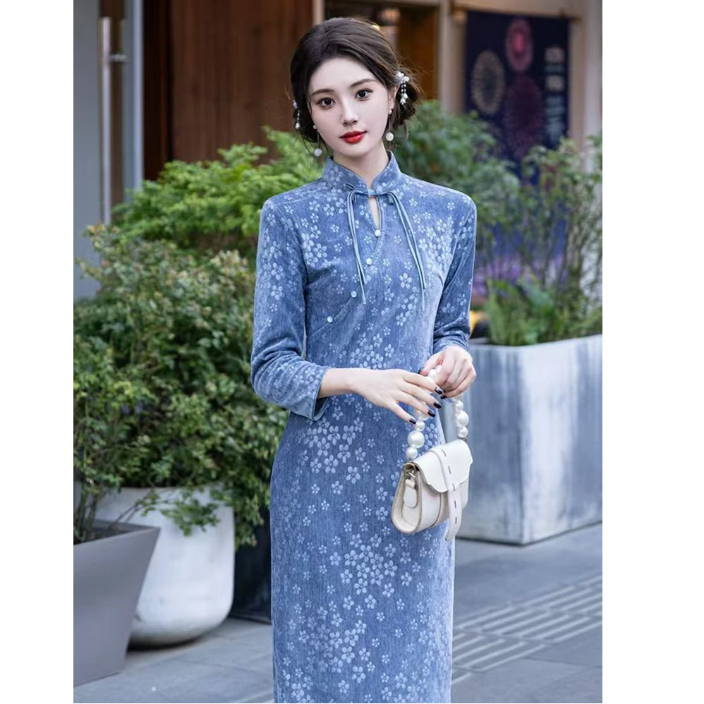 【千蚕云锦】秋季新款中式复古优雅气质雪尼尔旗袍修身显瘦2481100