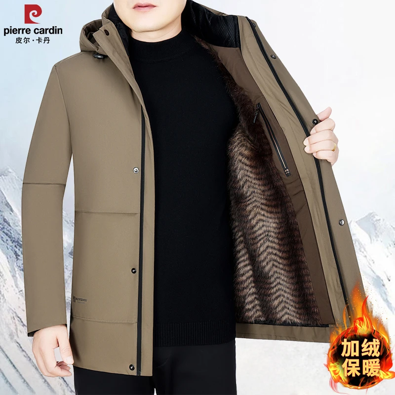皮尔卡丹正品男士中老年加绒加厚保暖外套男派克棉服中长款可拆卸