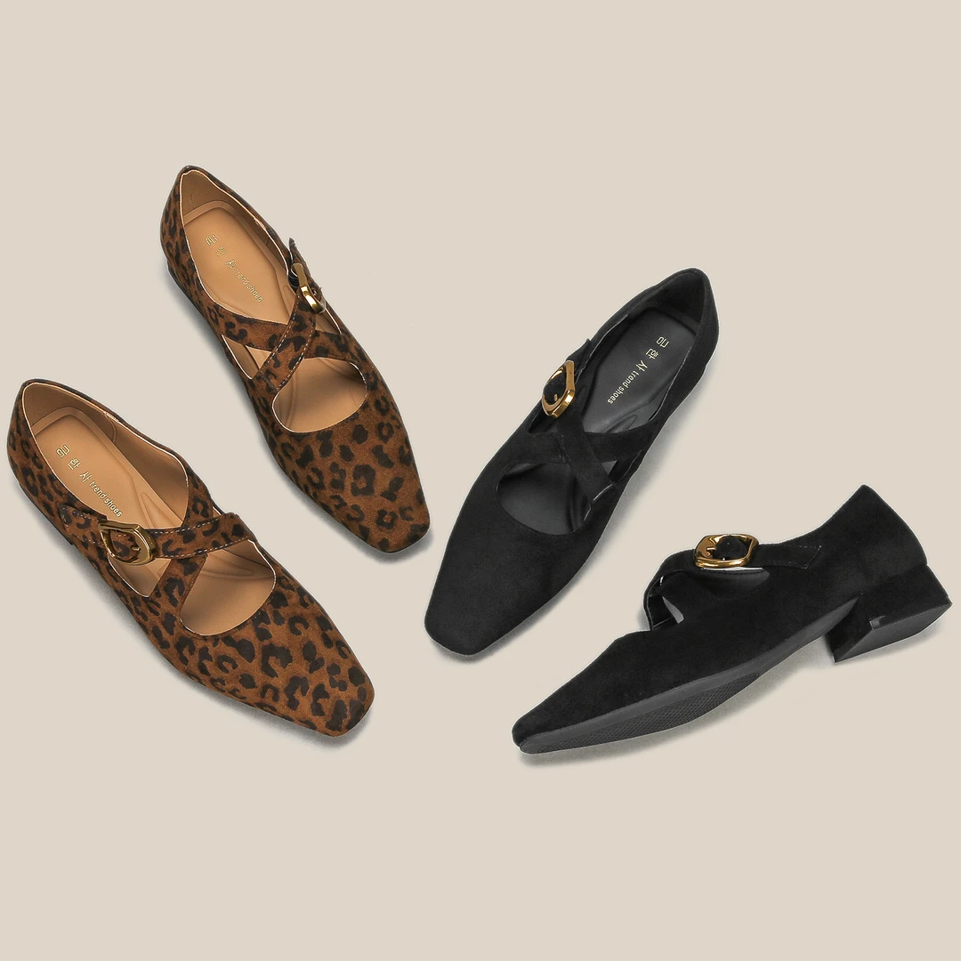 k复古交叉带低跟豹纹单鞋2024新款配裙气质小众玛丽珍鞋青H3579-1