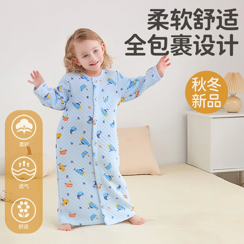 儿童睡袋保暖睡袋纯棉秋冬长袖厚款婴儿防踢被背心式连体宝宝睡衣
