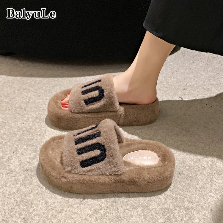 毛绒韩版交叉毛毛鞋秋冬季网红时尚百搭外穿居家厚底防滑毛拖毛绒