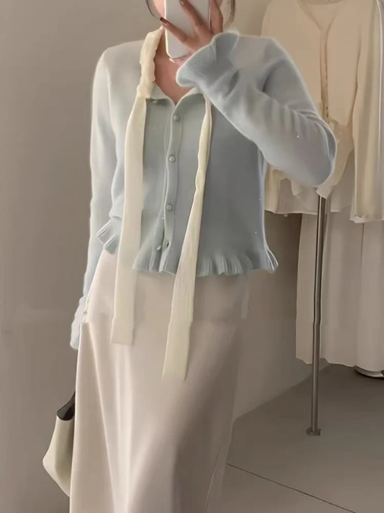 秋冬法式高级感减龄蝴蝶结绑带单排扣气质针织上衣7903#0.1 qq