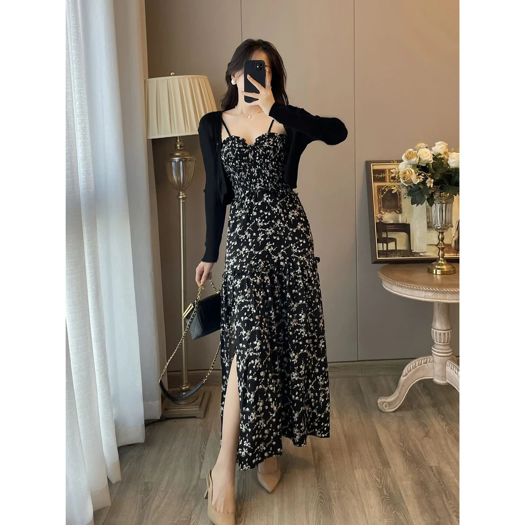 抹胸长款显瘦显高气质时尚高腰夏季吊带连衣裙外披套装A9518#0.1