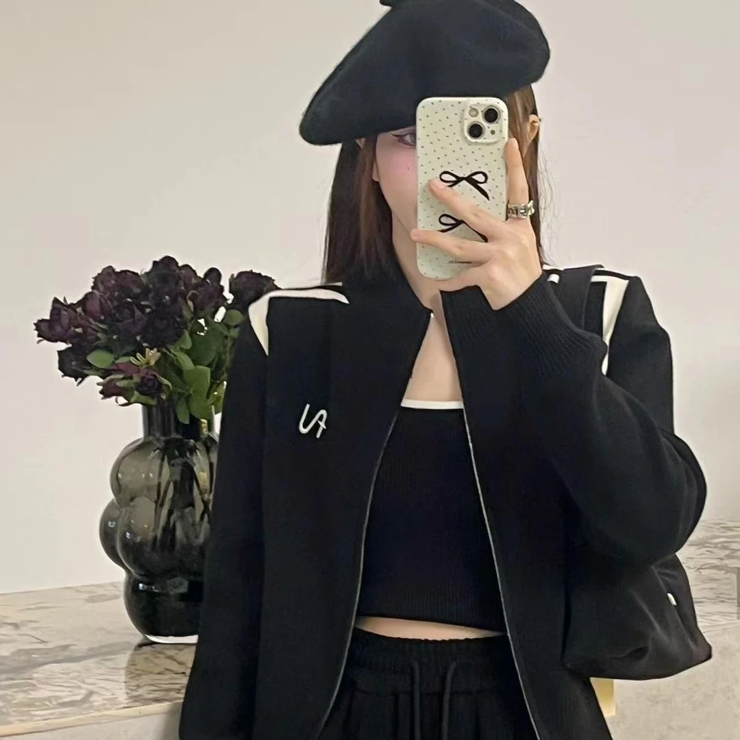 撞色设计拉链长袖针织衫休闲简约百搭毛衣女洋气显瘦上衣135#0.1