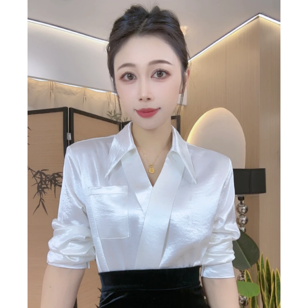 【不加绒】2025小众秋冬新款洋气长袖上衣翻领V领衬衣衬衫6558#0.1