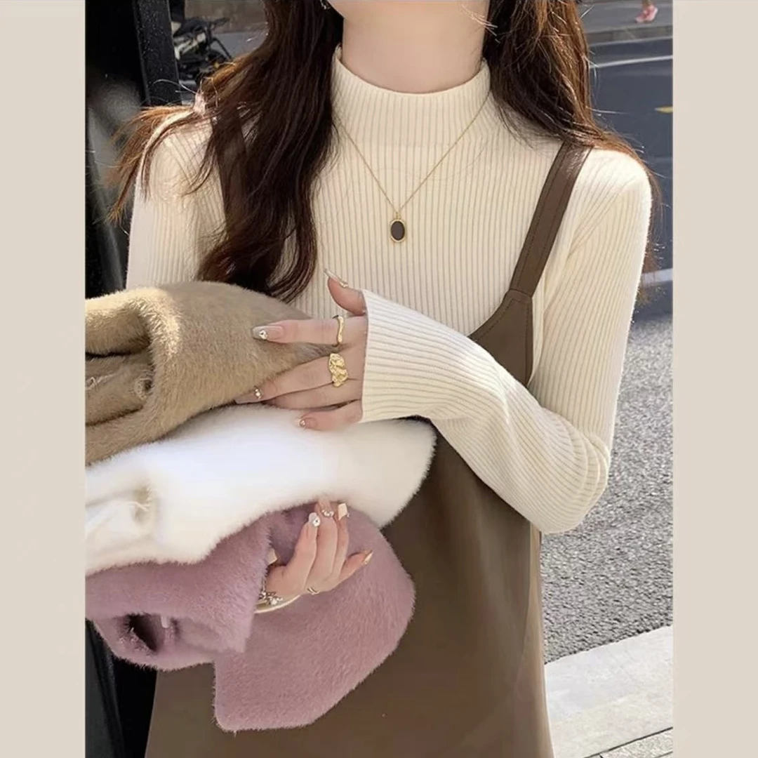 新款加绒秋冬季简约高级百搭半高领套头打底外穿毛衣女6097#0.1