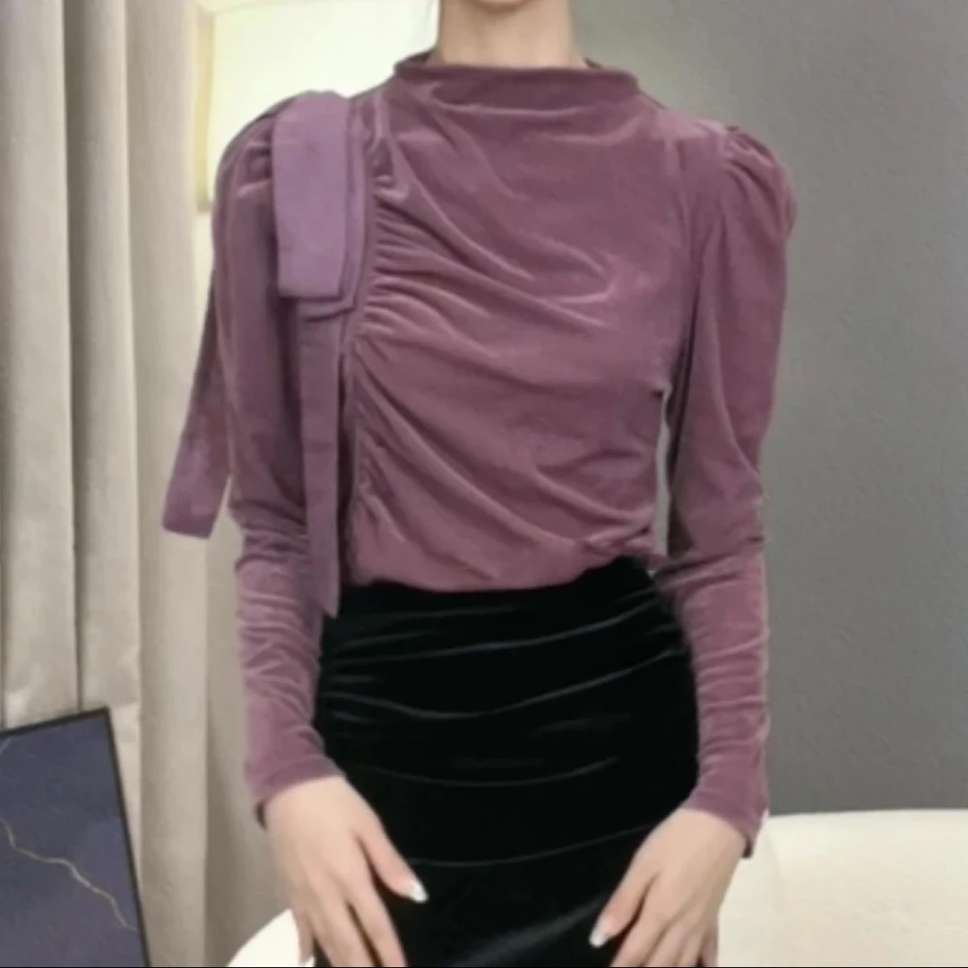 法式绑带长袖衬衫女秋季韩版优雅气质半高领褶皱小衫1125#0.1 qq