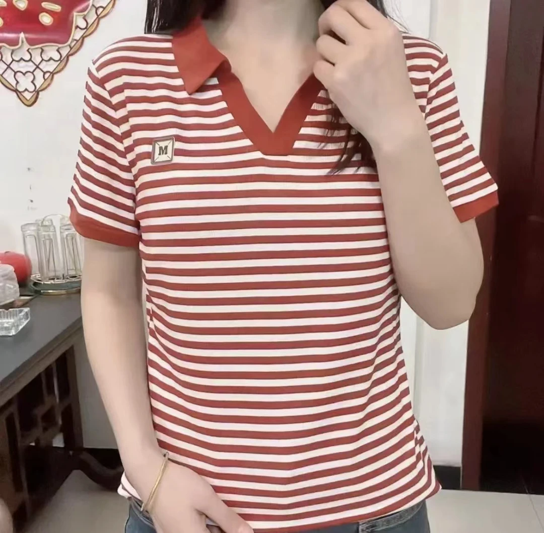 夏季新款条纹显瘦polo领女刺绣纯色百搭休闲短袖妈妈装9