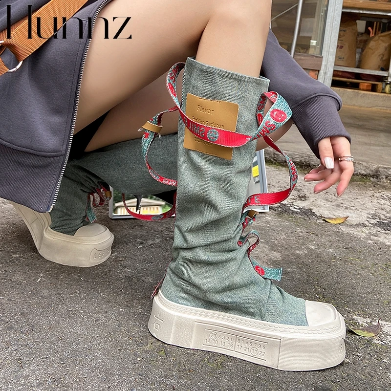 hunnz长筒靴夏季薄款英伦风西部牛仔胖mm显瘦显高潮酷炸街百搭