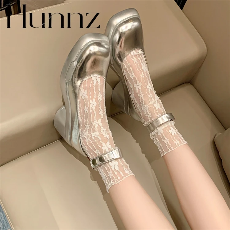hunnz爱放电的甜妹INS设计师手工牛皮银色方头罗马高跟鞋一字带单