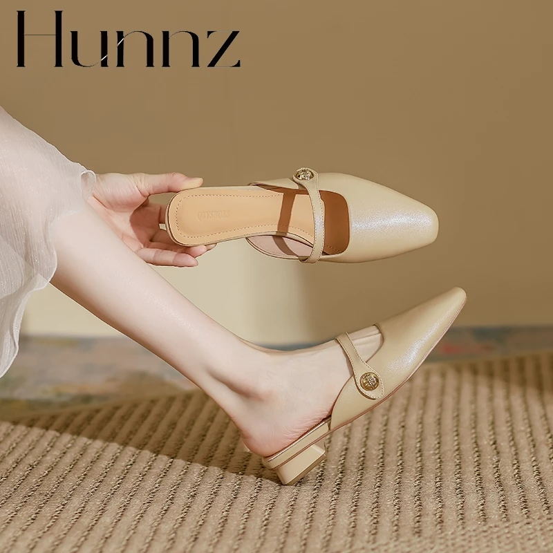 hunnz法式包头半拖鞋女粗跟软皮夏外穿凉托绝美玛丽珍鞋低跟穆勒