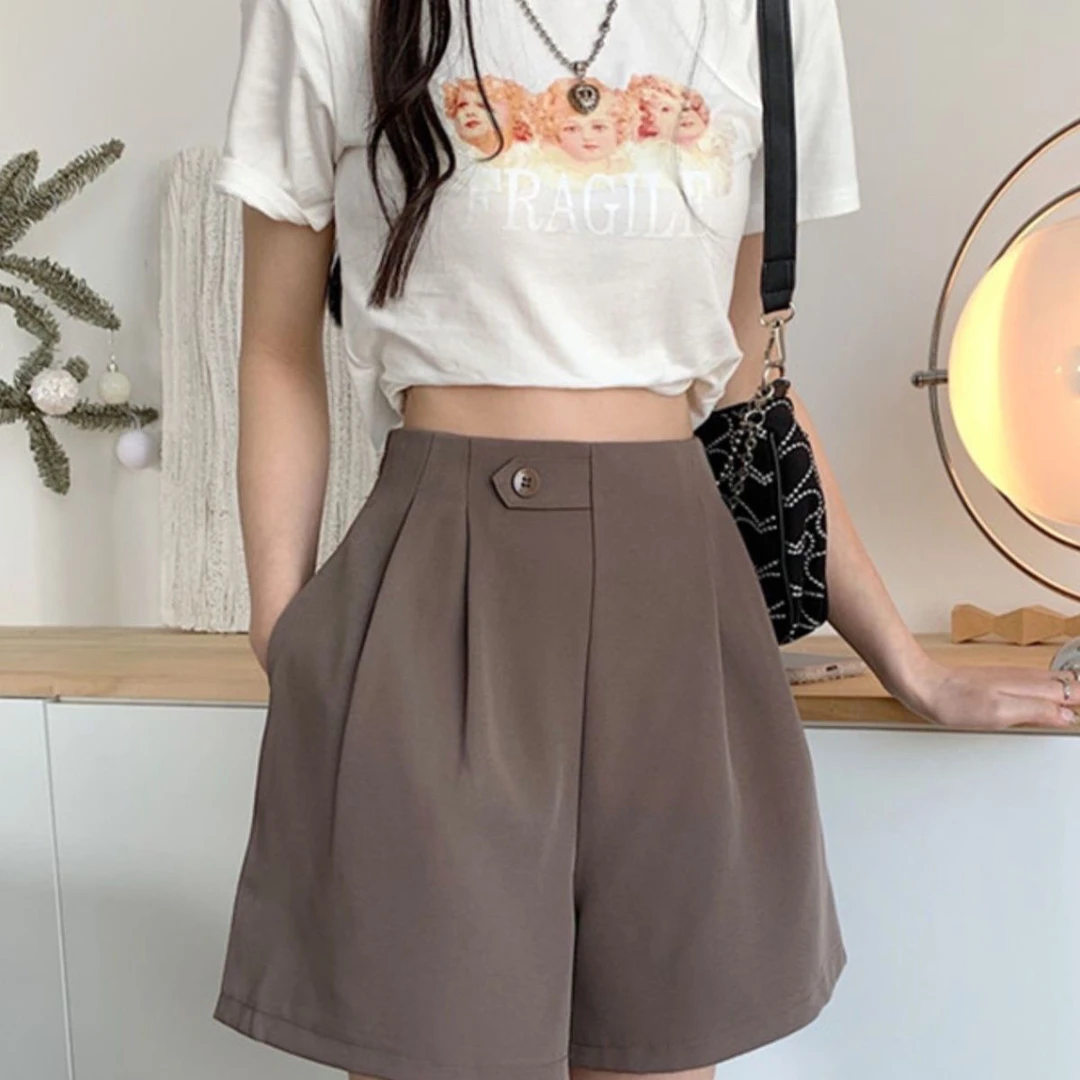 女休闲阔腿裤高腰西装口袋短裤小个子外穿大码垂感宽松黑色西装裤