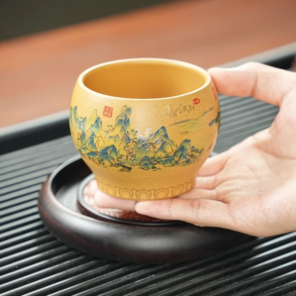 宜兴原矿段泥手工彩绘千里江山图紫砂主人杯ZYL