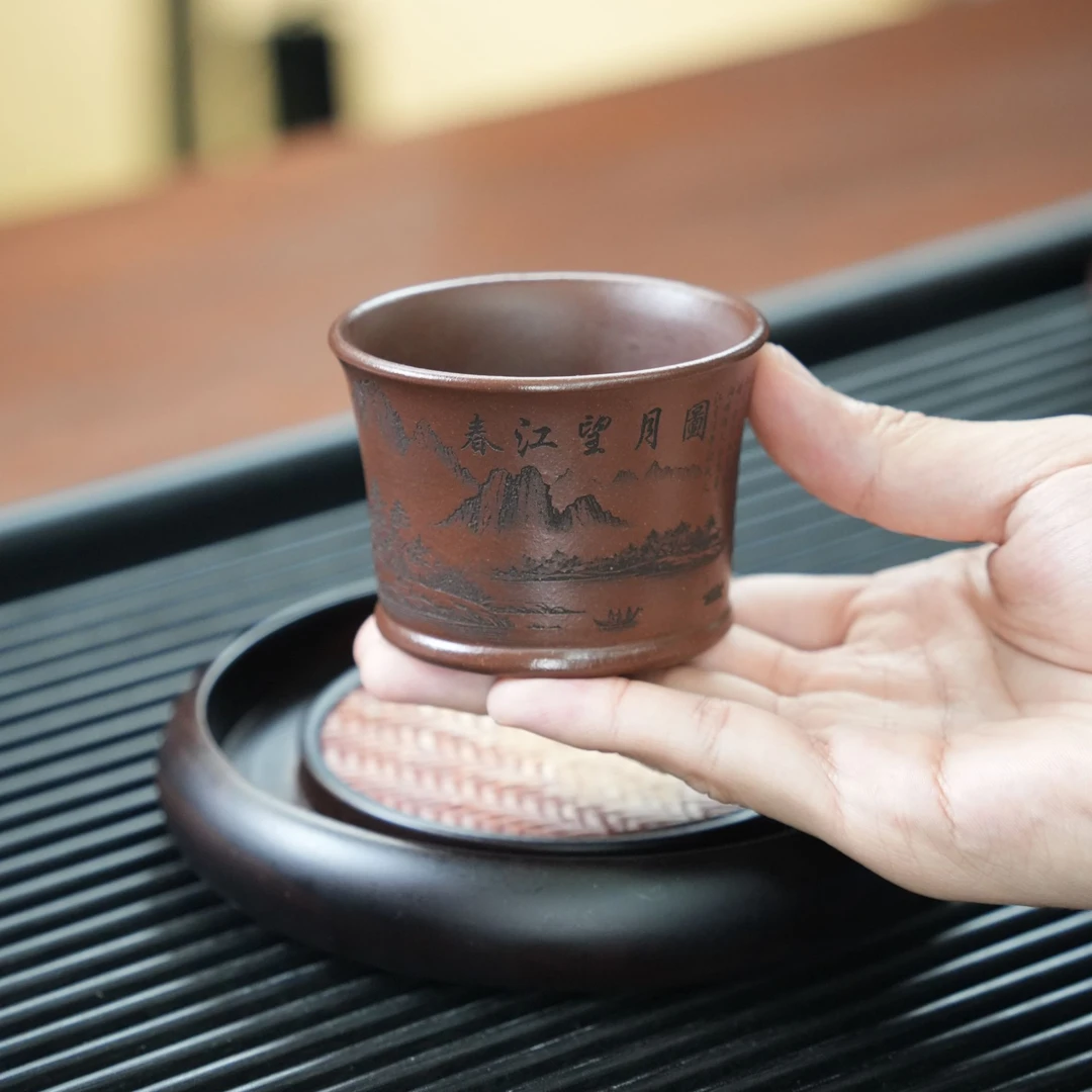 宜兴原矿紫泥手工刻绘春江望月圆紫砂主人杯  LY