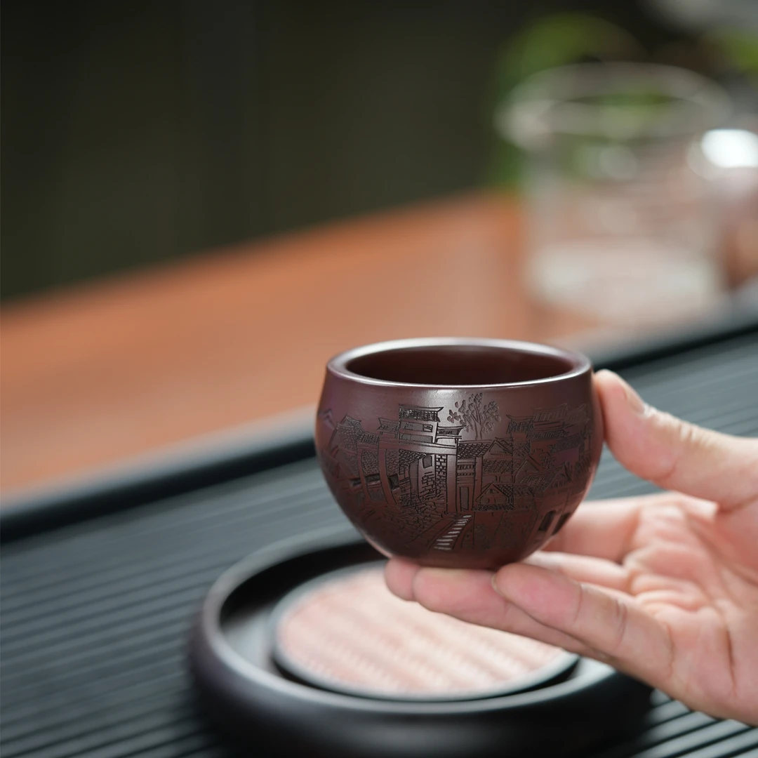 1143宜兴原矿石红手工刻绘忆江南紫砂主人杯ZYL