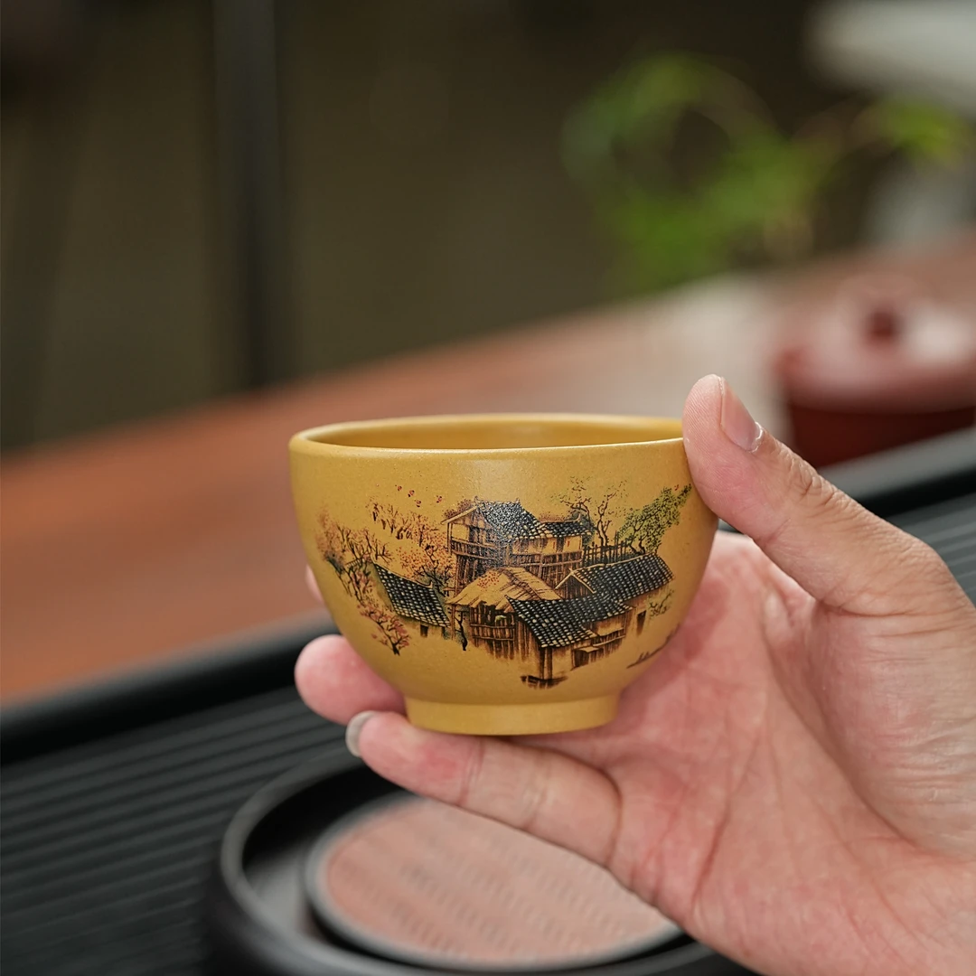 宜兴原矿段泥手工墨绘江南春主人杯紫砂TM