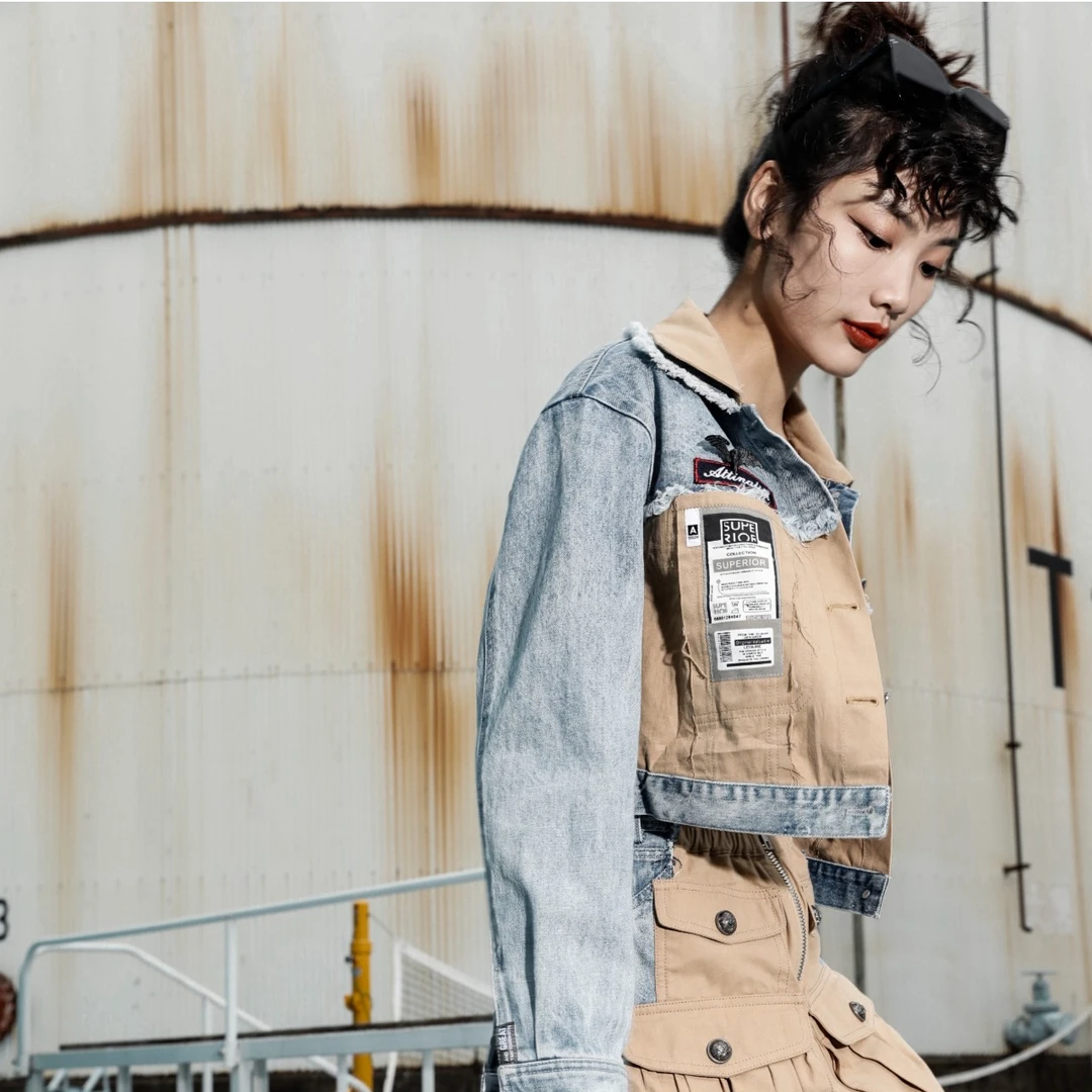 AttinaLife23春秋原创设计拼接牛仔撞色高级感设计外套232T255