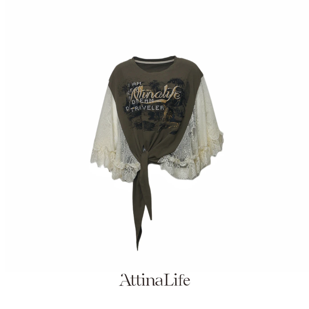 AttinaLife24夏季蕾丝拼接绣印花重工针织上衣蝙蝠袖圆领女士宽松