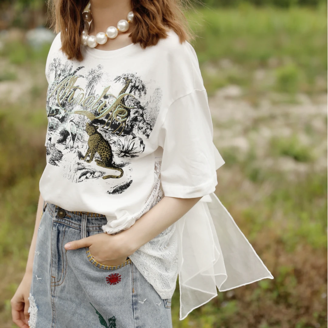 AttinaLife24夏印花短袖圆领拼接蝴蝶结短袖T恤复古百搭小众绣花