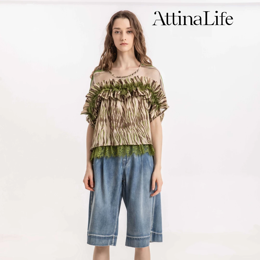 AttinaLife24夏季斑马纹蕾丝拼接复古短袖时尚设计感露肩圆领上衣