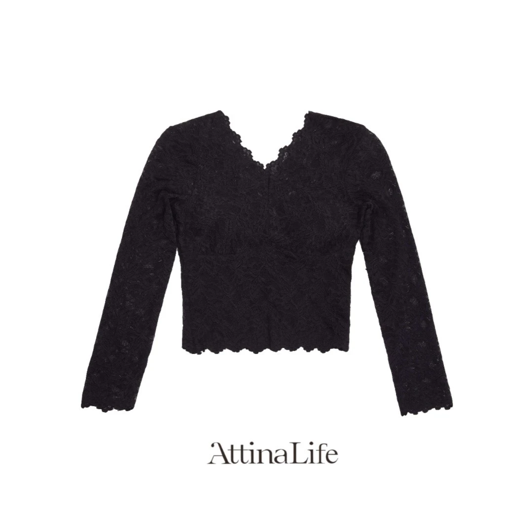AttinaLife24弹力蕾丝花边打底衫V领胸垫暗黑风时尚黑色百搭镂空