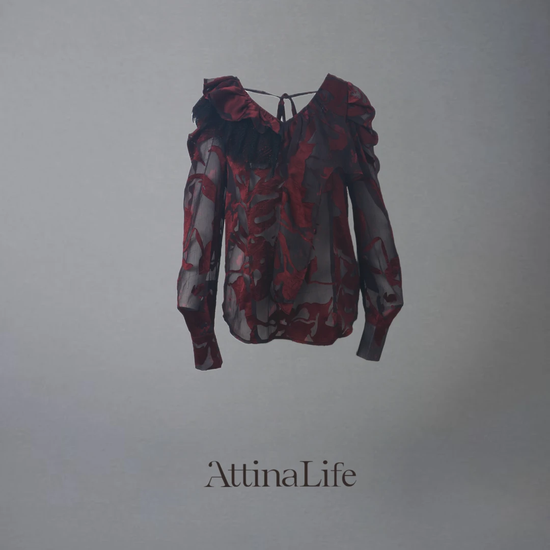 原创设计师波尔漫酒红色激光烧花蕾丝拼接女士长袖上衣百搭