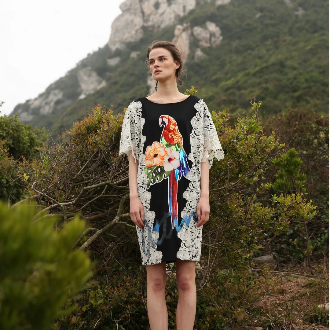 AttinaLife24夏季重工绣印花蕾丝拼接针织连衣裙欧版宽松显瘦复古