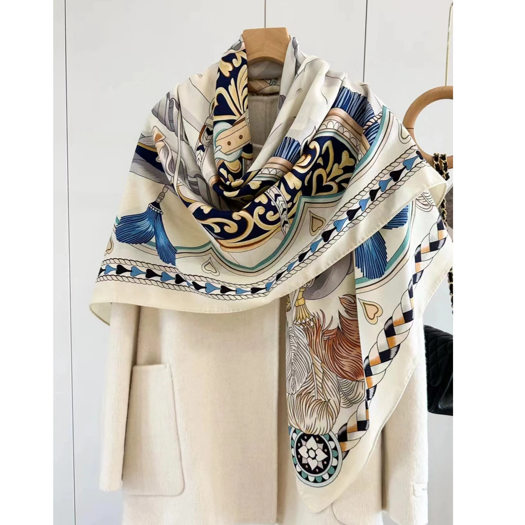 轻奢风简约真丝羊毛方巾135cm双面异色大披肩丝毛围巾蓝白心马