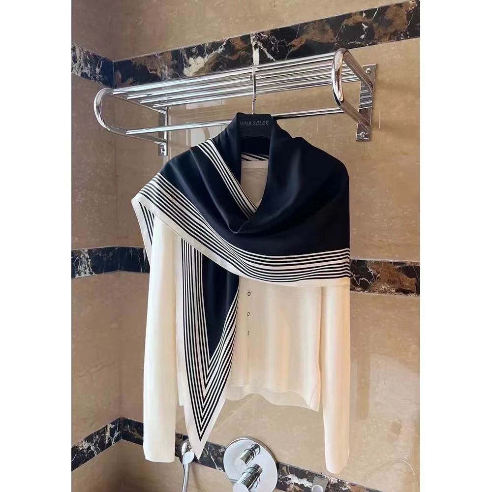 洋气菱形巾70*200cm逐梦鸟新款桑蚕丝丝巾女百搭黑白菱形巾丝巾女