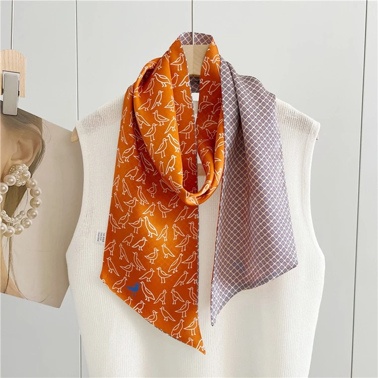 紫色喜鹊简约线条真丝围巾春夏季百搭长版双层双面桑蚕丝飘带