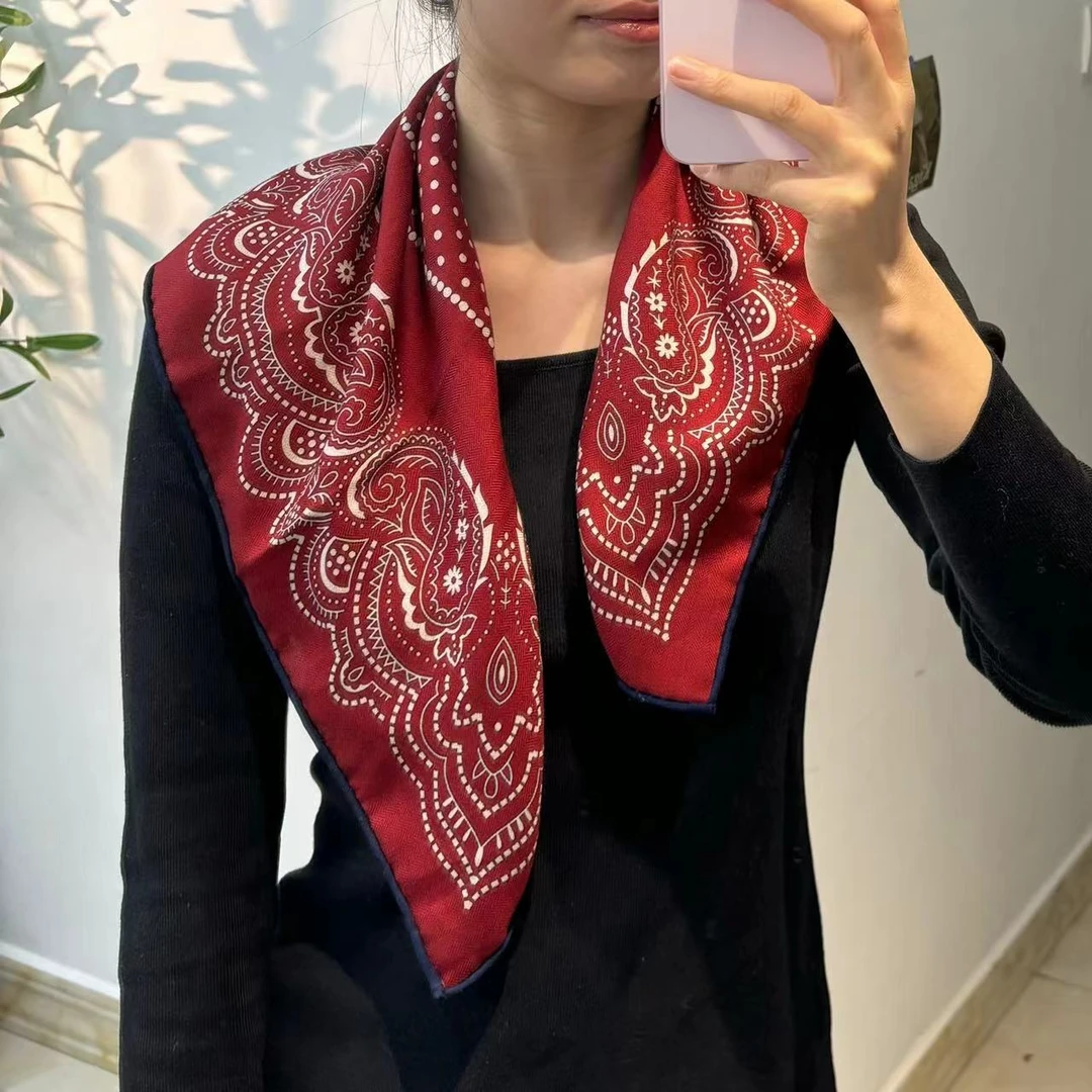 ML真丝羊毛双面秋冬百搭方巾时尚高端围巾围脖酒红腰果双面气质